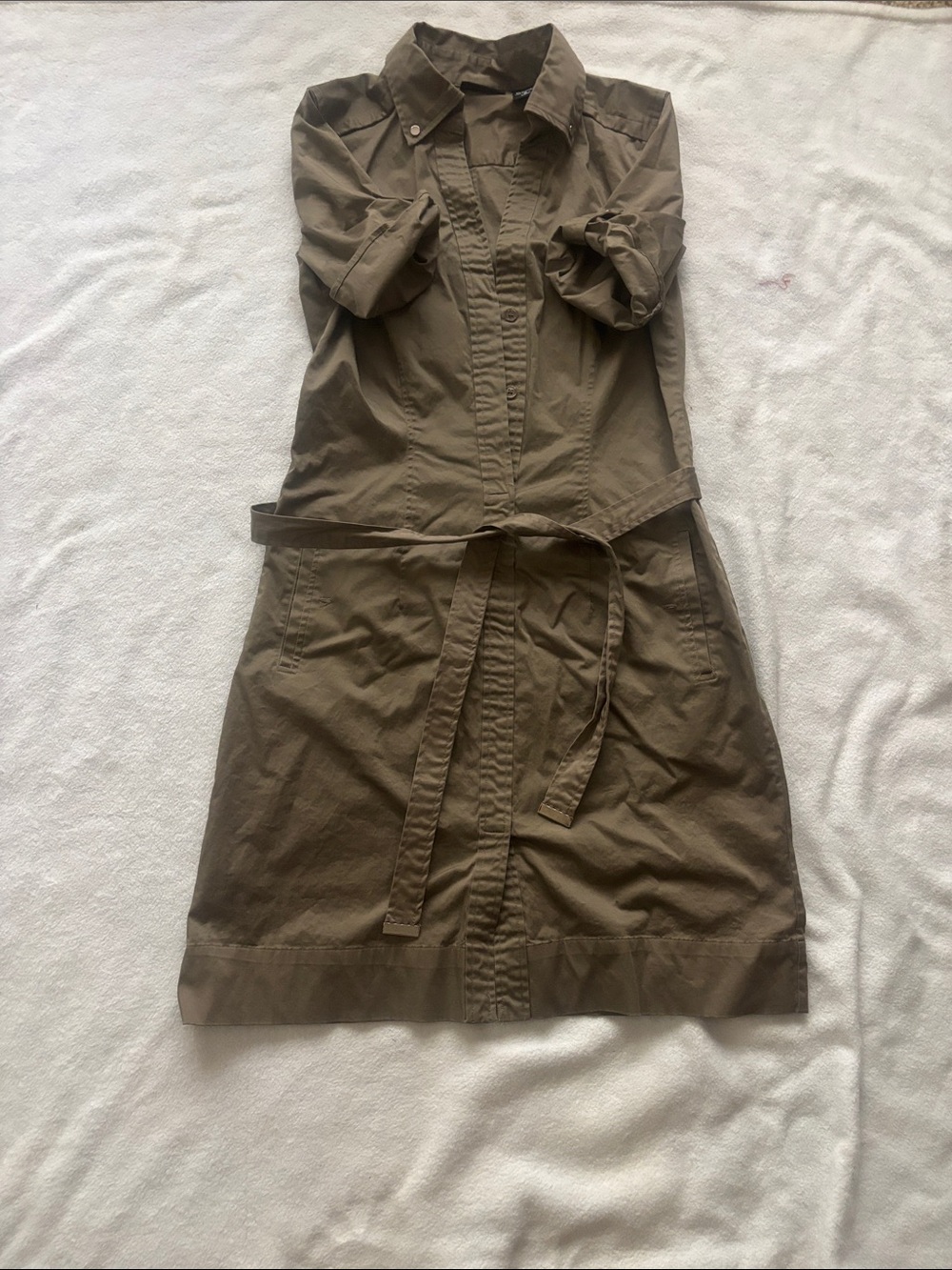 New York & Company Olive Utility Shirt Dress with Waist Tie